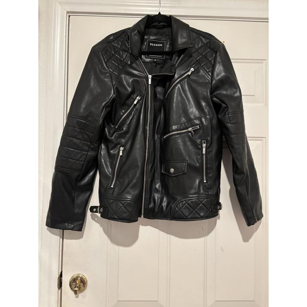 Reason sz M black biker faux leather jacket‎ with multiple zippers